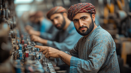 A skilled artisan working meticulously in a traditional workshop, showcasing craftsmanship and dedication in a vibrant environment.