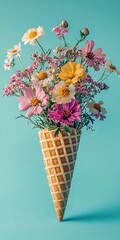 Poster -   A blue background with a shadowed, flower-filled ice cream cone