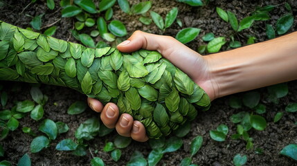 two hands shaking, but both are covered in green leaves, symbolizing sustainability and unity with n