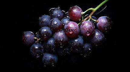 Wall Mural -   A batch of grapes resting atop a darkened table, drenched in raindrops against a green background with stems