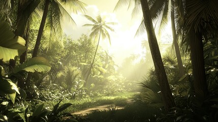   Sun shining through palms in tropical forest; path and lush vegetation in foreground