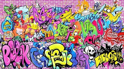    A vibrant mural adorns the pink brick wall, featuring an array of vivid colors and intricate designs