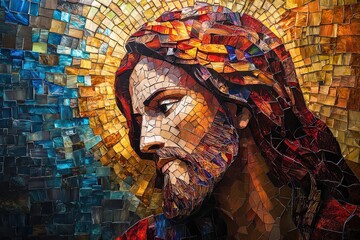  Beautiful mosaic of Jesus Christ, with vibrant colors and radiant golden light, capturing the depth of faith, devotion, and spiritual artistry.