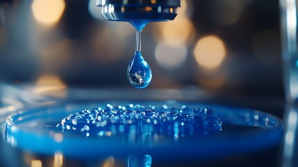 Poster - A Single Water Drop Falling into a Blue Liquid in a Petri Dish