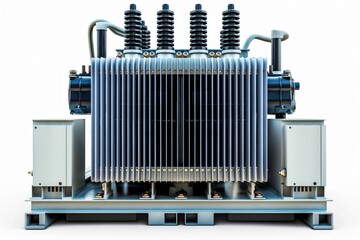 Large, modern, high voltage transformer is standing on a white background, showcasing its power and importance in electrical infrastructure