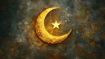 Wall Mural - A stylized crescent moon with a shimmering star, set against a textured background, evoking calm and peaceful energy for meditation.