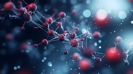 Poster - Abstract 3D Molecular Structure with Red Spheres and Connected Lines Against a Blue Background