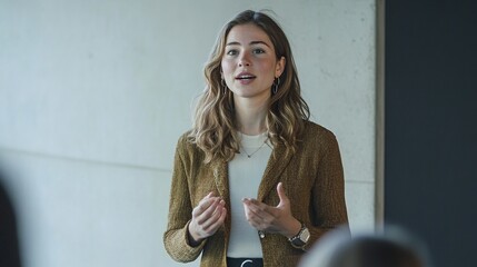 Poster - A professional woman presenting confidently in a modern setting, engaging with her audience while discussing ideas.