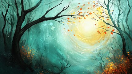 Wall Mural -  A painting depicts a forest scene with a sun at the center surrounded by trees and leaves on the ground