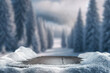 © magdal3na - Empty wooden table top coverd with snow with copy space and winter snowing trees and mountain background.
