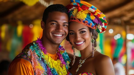 Wall Mural - Vibrant Traditional Brazilian Wedding Couple Embracing in Colorful Outfits Against Festive Background - Full Body Shot