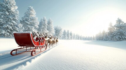 Poster - Black sleigh with red trim, pulled by reindeer in a snowy field, 3D illustration