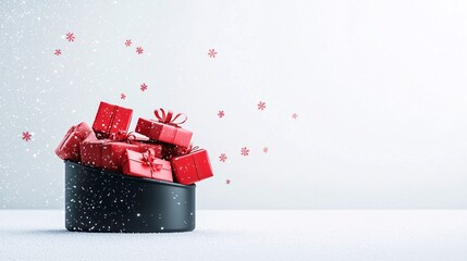 Poster - Black sleigh filled with red gifts, snow-covered background, 3D illustration