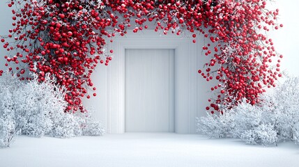 Poster - Red and black mistletoe hanging above a snowy entryway, 3D illustration