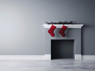 Poster - Red and black Christmas stockings hanging over a fireplace, 3D illustration