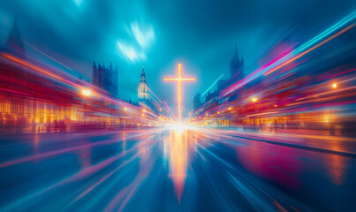 Majestic cross glowing in golden light amidst storm clouds and radiant peacefulness