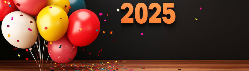 Wall Mural - Colorful balloons celebrating the new year 2025 with confetti on a wooden surface, dark background.