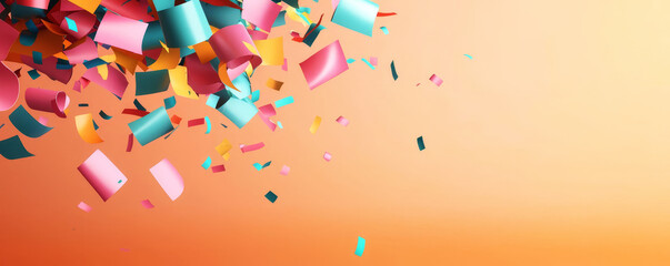 Wall Mural - Colorful confetti falling against a vibrant orange background, perfect for celebrations and festive occasions.