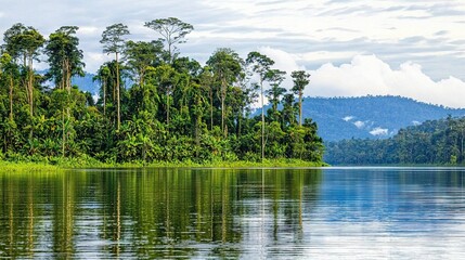 Wall Mural -   Surrounded by trees, a green body of water lies beneath majestic mountains and cloudy skies