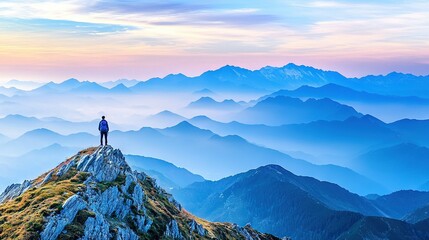 Wall Mural -   Man on mountain peak views valley, mountains at sunset