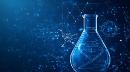 Poster - A Glass Beaker with a DNA Double Helix Inside on a Blue Background with Scientific Symbols