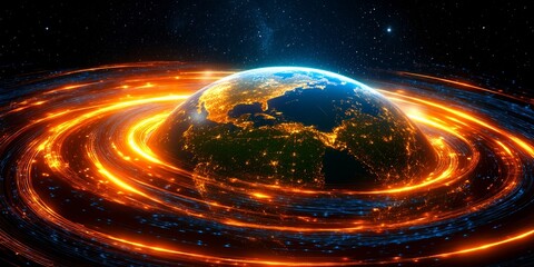 Wall Mural - Earth surrounded by glowing rings in space.