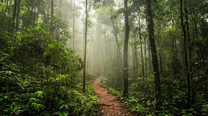 Wall Mural -   Dirt trail surrounded by dense woods, trees and shrubs on either side