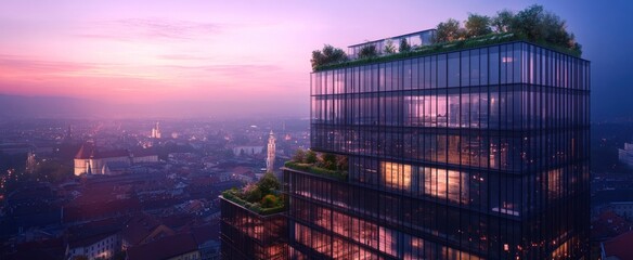 Modern Glass Skyscraper with Rooftop Garden at Sunset