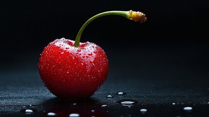   A red apple with a stem protruding from its center and water droplets surrounding it on a dark background