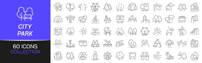 Poster - City park line icons collection. Thin outline icons pack. UI icon collection. Set of line web pictogram