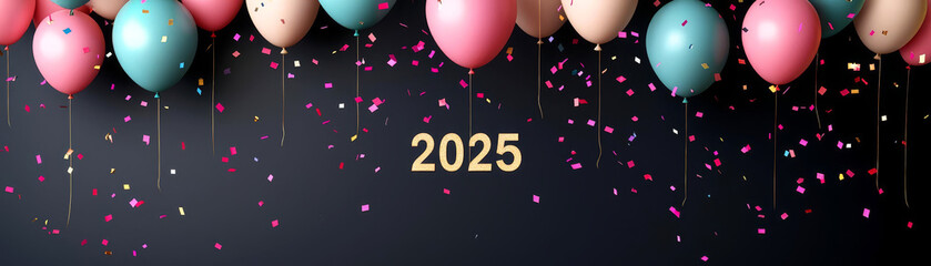 Wall Mural - Colorful balloons and confetti celebrating the New Year 2025 on a dark background.