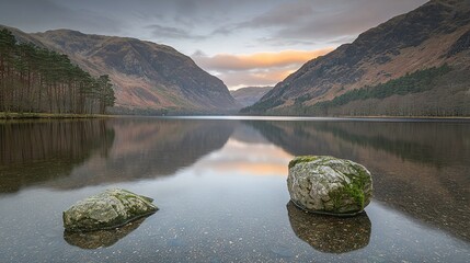   A massive expanse of water featuring two prominent stones submerged within it, surrounded by towering mountain ranges