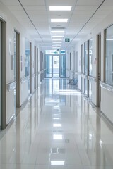  A clean and bright hospital corridor with doors and large windows.