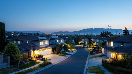 Sticker - A serene suburban street illuminated at dusk, showcasing homes, gentle curves, and distant hills under a twilight sky.