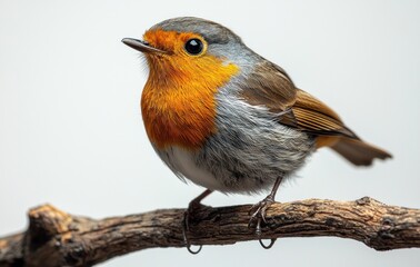 Close-up of a European robin perched on a branch with a white background Generative AI