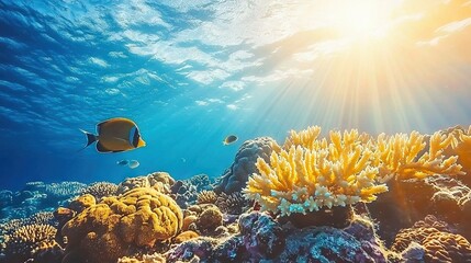   An underwater photo of a vibrant coral reef featuring a school of colorful fish swimming amidst lush coral formations, illuminated by beams of golden sunlight filter