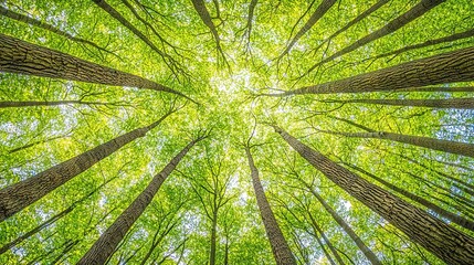   A grove of trees in a dense woodland, gazing skyward towards the canopy above