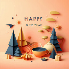 Canvas Print - Festive paper art scene featuring stylized trees, a tea set, and gift boxes in warm tones with 'Happy New Year' text