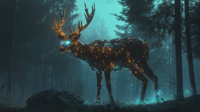 Cybernetic stag with glowing eyes and antlers standing regally in the heart of the forest, light reflecting off its metallic body