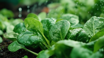 Canvas Print - Fresh spinach leaves glisten under gentle rain in a home garden during springtime, showcasing lush growth and nurturing environment