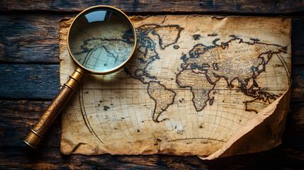 Wall Mural - A Vintage Map of the World Accompanied by an Antique Magnifying Glass, Evoking a Sense of Adventure and Exploration, Perfect for Illustrating Themes of History, Travel, and Discovery in Cartography an