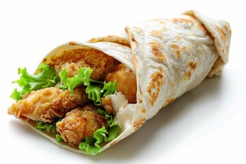 Wall Mural - Fried Chicken tortilla wrap with white cream on a  white background, MZ