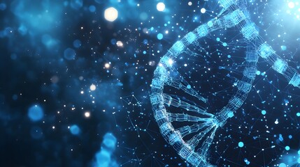 Poster - A 3D Rendered Blue DNA Helix With Network Connections and Glowing Particles