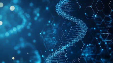 Poster - A Digital Representation of a DNA Helix Against a Blue Background with Hexagons
