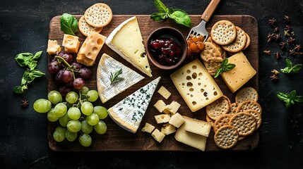 Wall Mural -   Cheese board with grapes, crackers, cheese & wine