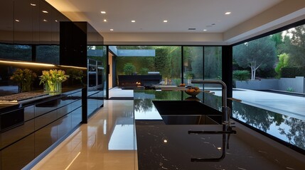 Poster - Modern black kitchen with sleek design and large windows overlooking a beautiful outdoor space in a sunny, serene environment