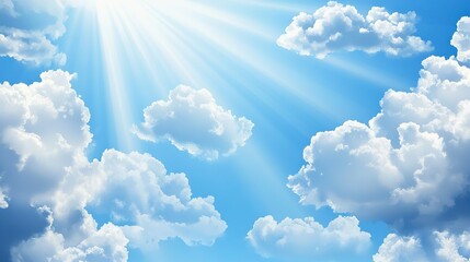 Wall Mural -   A blue sky with white clouds and the sun shining brightly in the center of the clouds