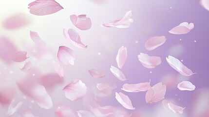 Wall Mural -   Purple and white background with pink petals floating in the air, surrounded by a pink sky