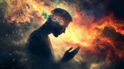 Poster - a surreal representation of a person contemplating thoughts amidst a cosmic explosion of colors and 