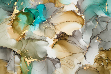 Poster - Natural  luxury abstract fluid art painting in alcohol ink technique. Tender and dreamy  wallpaper. Mixture of colors creating transparent waves and golden swirls. For posters, other printed materials